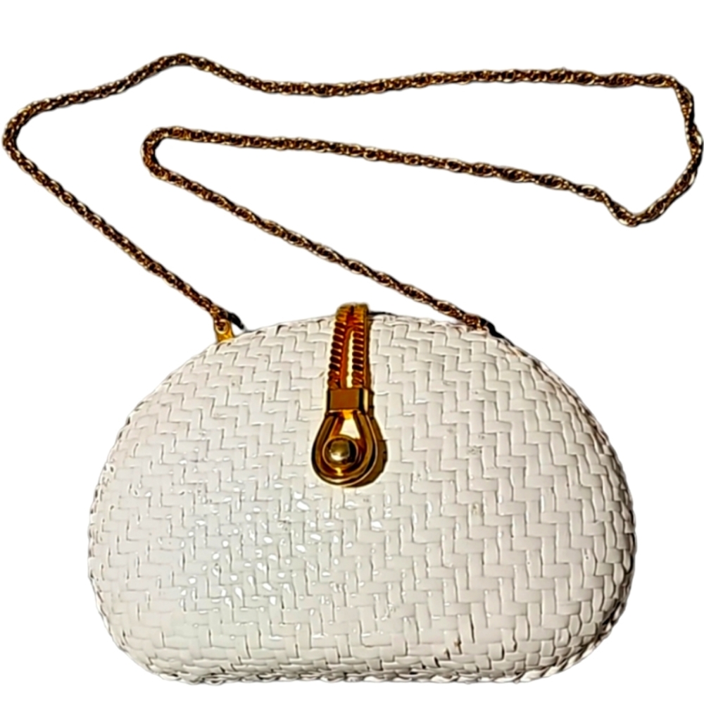 Vintage Willow White hard shell wicker purse clutch  Made in Hong Kong